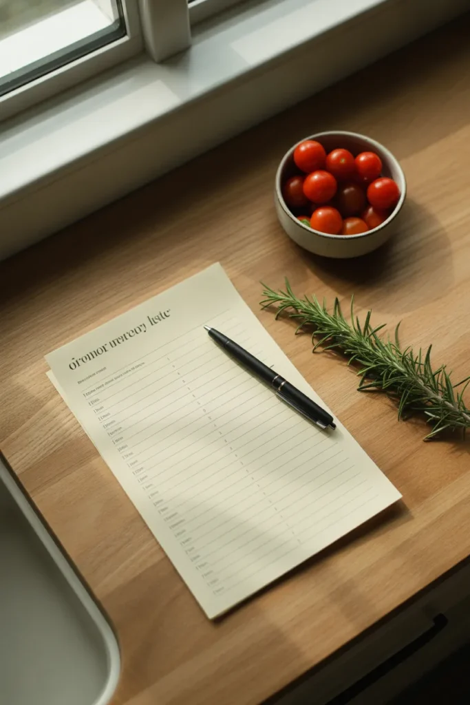 Printable grocery list for weekly meal prep on a light oak counter with a pen and fresh produce.