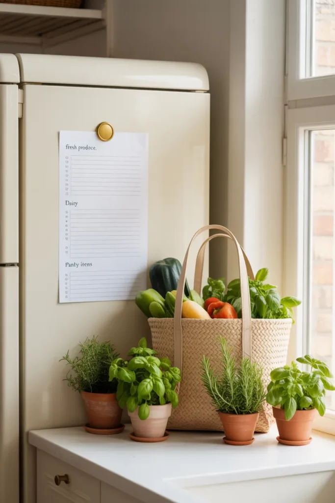  Printable grocery list on fridge with magnet and canvas tote of fresh produce