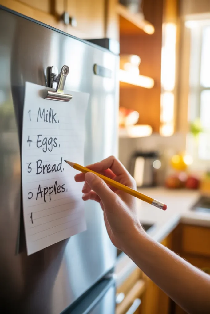 Printable grocery list template clipped to a fridge for weekly meal prep planning.