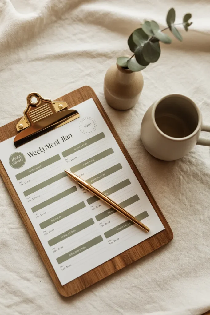 Printed free weekly meal plan template PDF on clipboard with sage eucalyptus and coffee