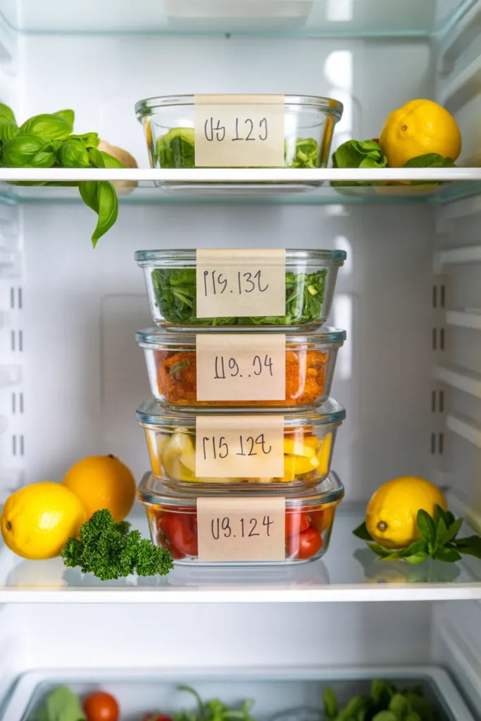 Properly labeled and stored meal prep containers in fridge for college students with dates for food safety