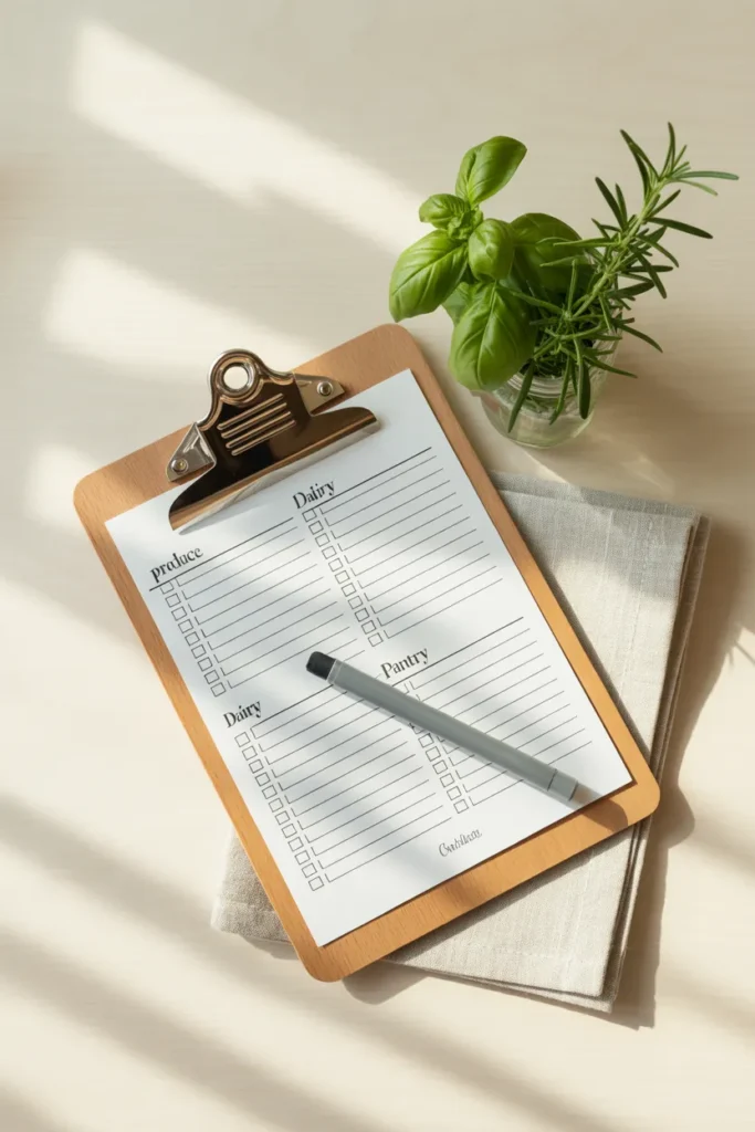 Reusable printable grocery list on a clipboard with a dry-erase marker.