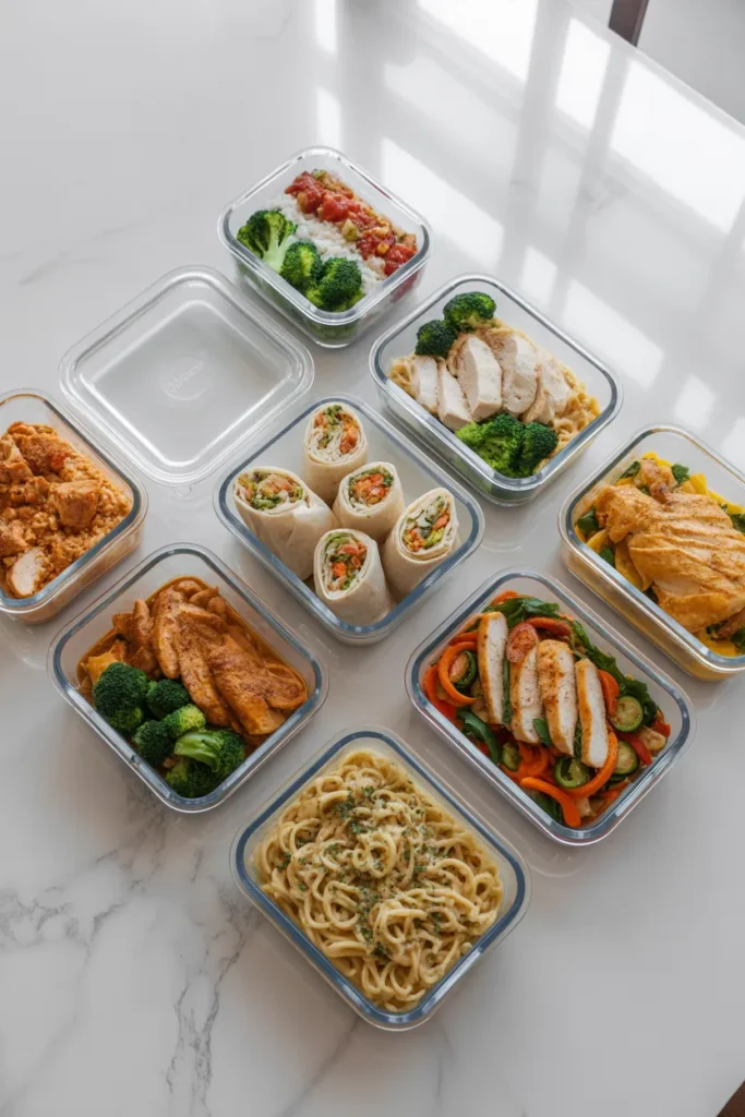 Seven days of cheap meal prep meals made from one budget grocery list