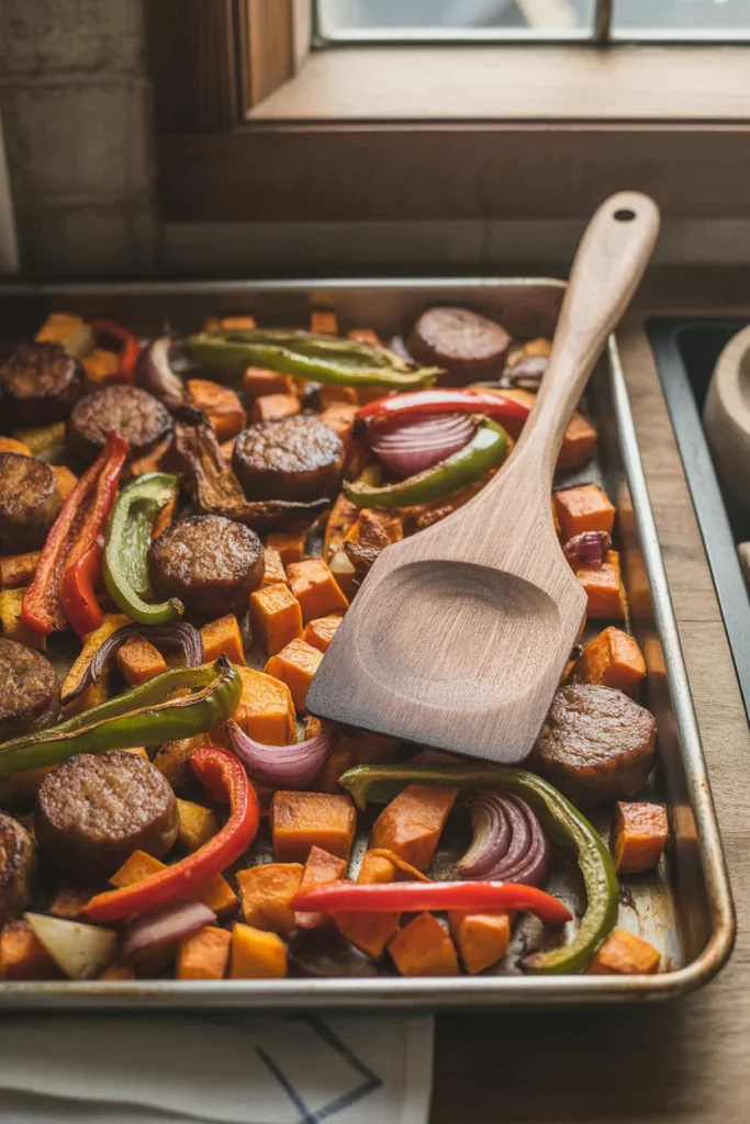 Sheet pan breakfast hash with sweet potatoes and sausage for weekly meal prep