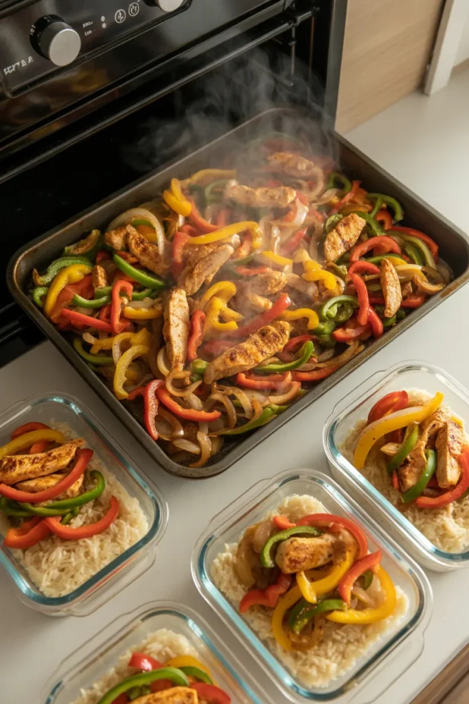 Sheet pan chicken fajita meal prep for weekly work lunches with peppers