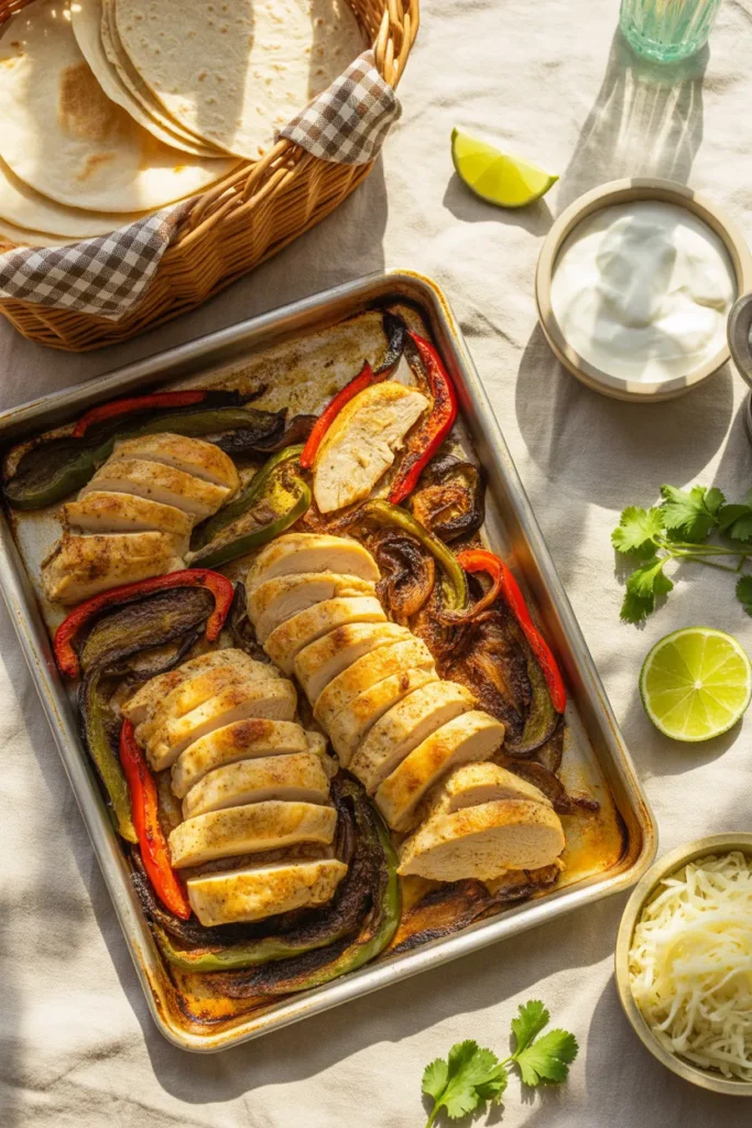 Sheet pan chicken fajitas with peppers and onions, a 25-minute family dinner recipe