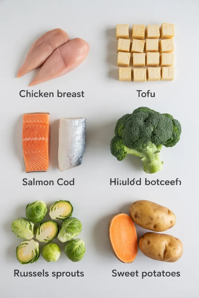 Sheet pan dinner ingredient swap ideas showing protein and vegetable substitutions for easy one tray meals.