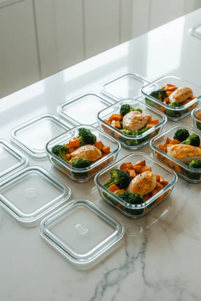 Sheet pan dinner meal prep in glass containers with chicken, sweet potatoes, and broccoli for weekly lunches.