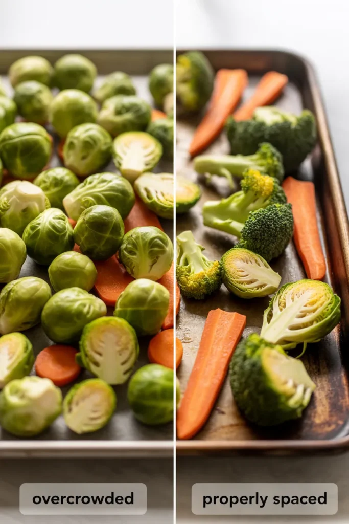Sheet pan dinner tips showing the difference between overcrowded soggy veggies and properly roasted crispy vegetables.