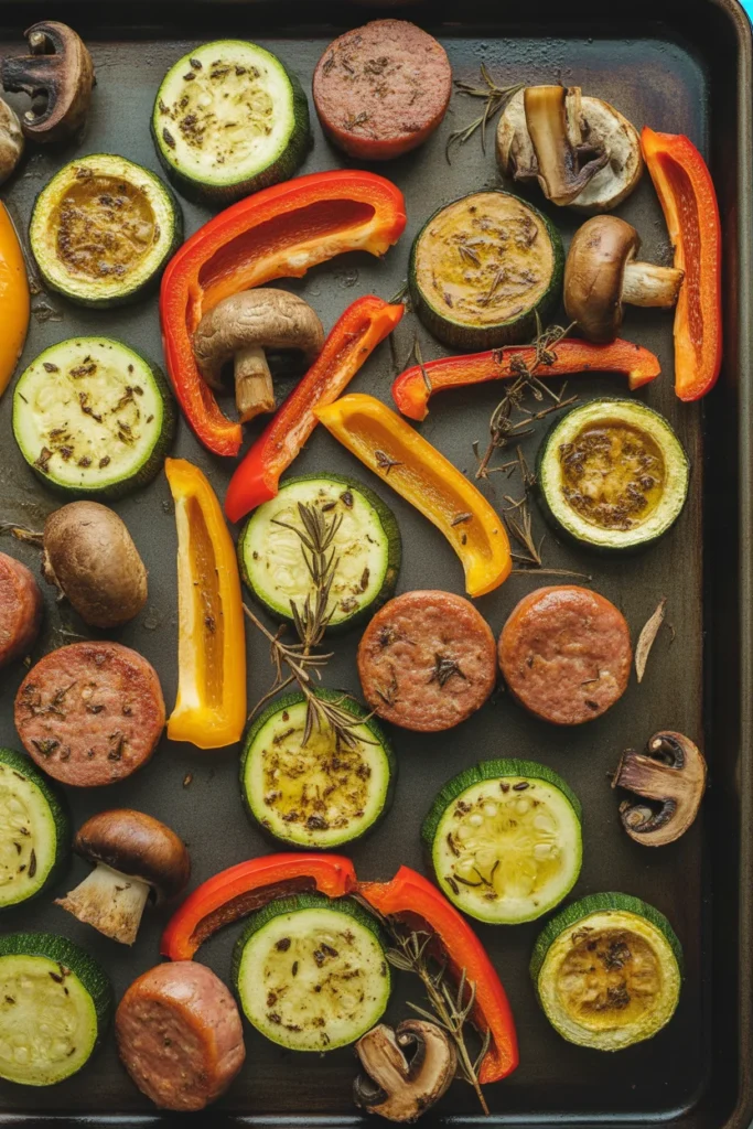 Sheet pan keto sausage and roasted vegetables with zucchini, peppers, and mushrooms