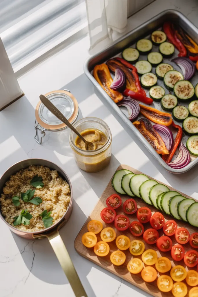 Sheet pan of roasted Mediterranean vegetables, quinoa, tahini sauce in a jar, and sliced cucumbers and tomatoes during Sunday meal prep.