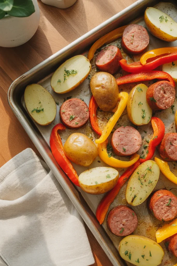 Sheet pan sausage with potatoes and peppers, an easy family dinner recipe under three dollars per serving