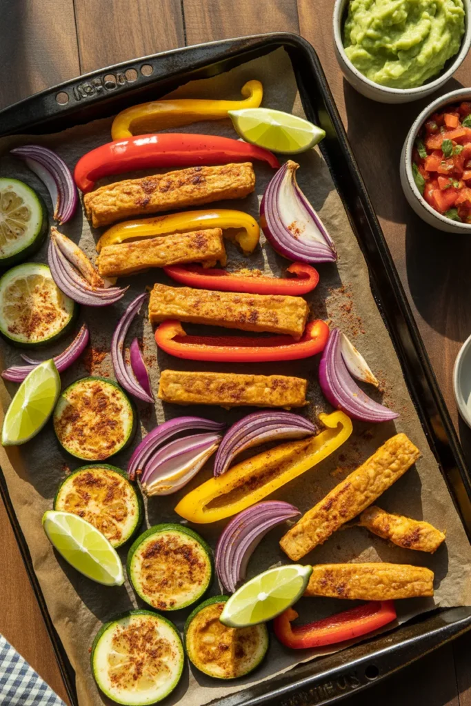  Sheet pan tempeh fajita vegan meal prep with bell peppers and zucchini