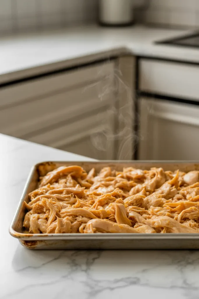 Shredded chicken cooling on sheet pan before meal prep storage for food safety
