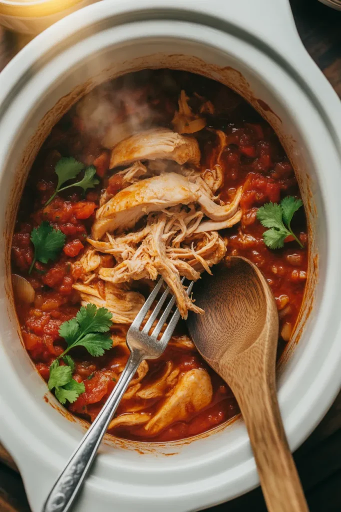 Shredded salsa chicken slow cooker meal prep recipe for tacos and burrito bowls