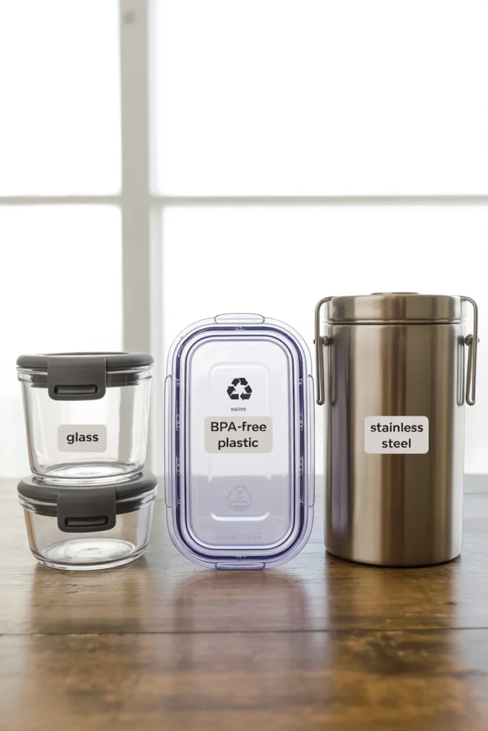 Side-by-side comparison of glass, BPA-free plastic, and stainless steel meal prep containers on a wooden table