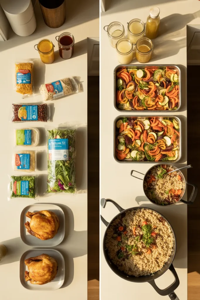 Side by side comparison of weeknight shortcut vs weekend from-scratch low calorie meal prep workflows.