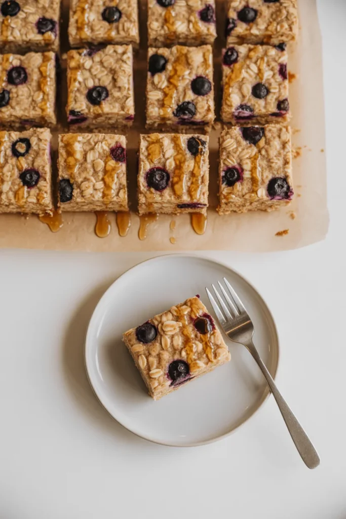 Sliced baked oatmeal bars with blueberries for a healthy breakfast meal prep idea
