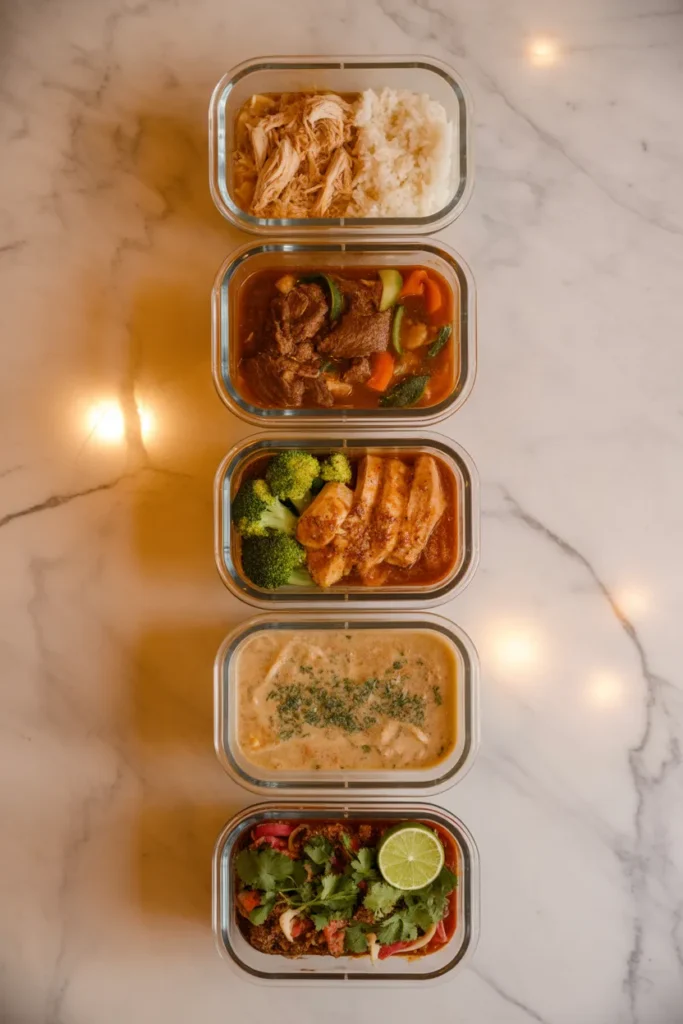Slow cooker meal prep containers for the week lined up in glass lunch boxes