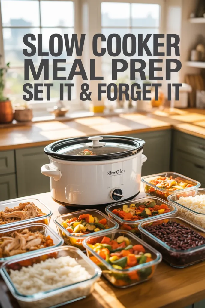 Slow cooker meal prep set it and forget it weekly plan with crockpot chicken and healthy containers