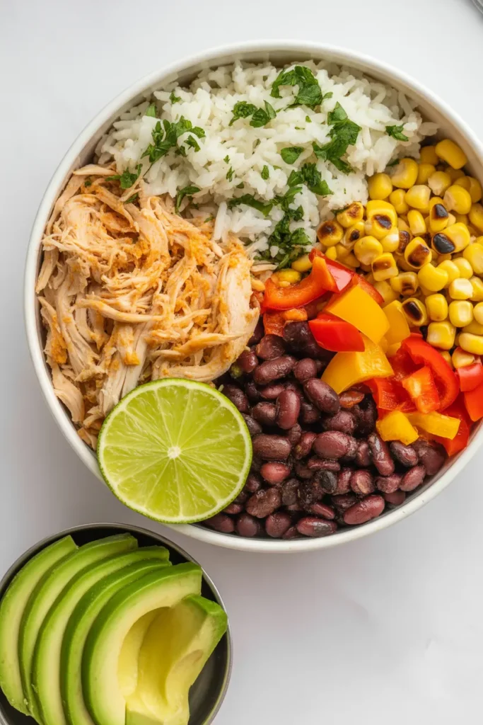 Southwest chicken burrito bowl meal prep lunch for work with black beans and avocado