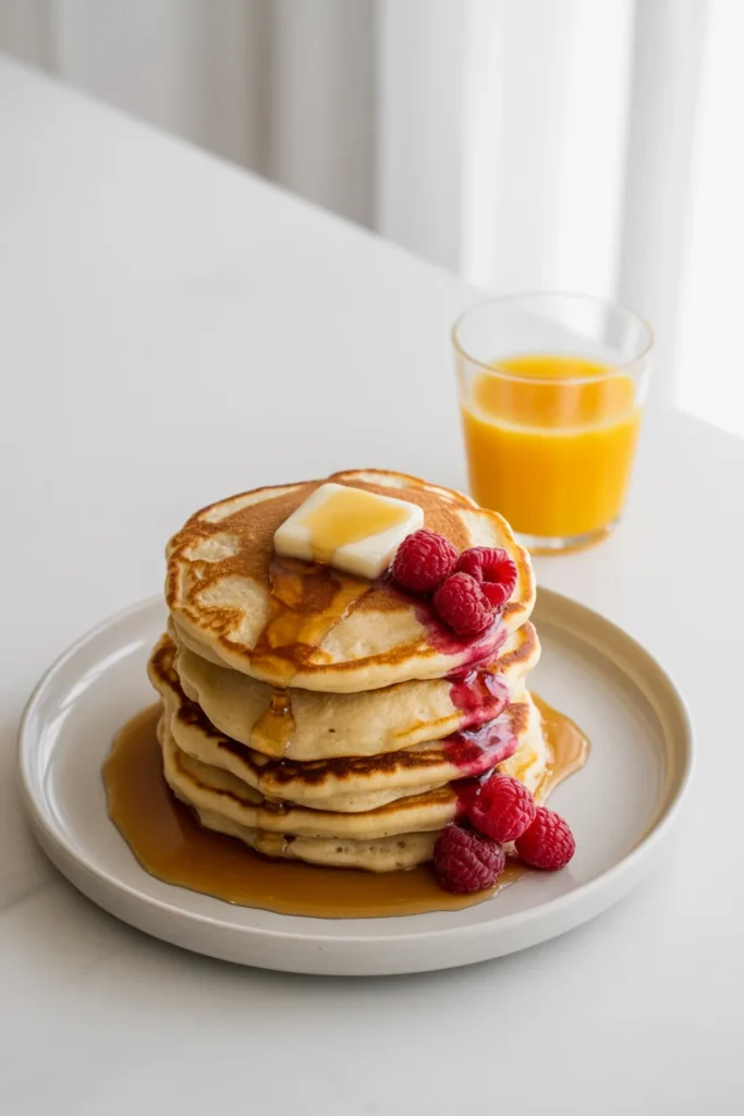 Stack of protein pancakes with fresh raspberries and maple syrup for breakfast meal prep