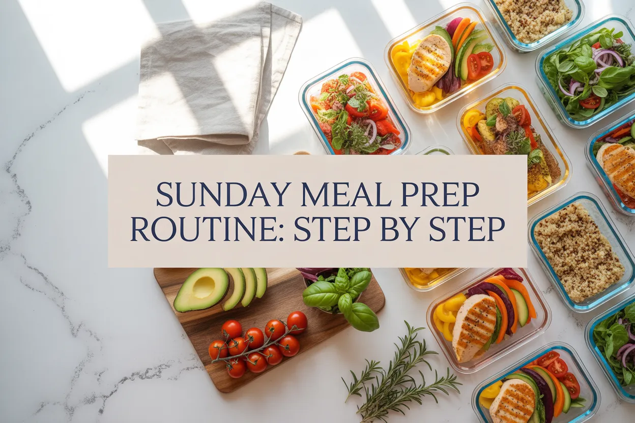 Sunday Meal Prep Routine Step by Step featured image showing colorful glass meal prep containers with healthy meals on a marble countertop with fresh vegetables and herbs