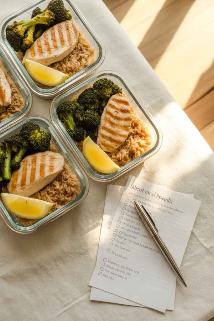Sunday meal prep containers with grilled chicken and a printable grocery list nearby.