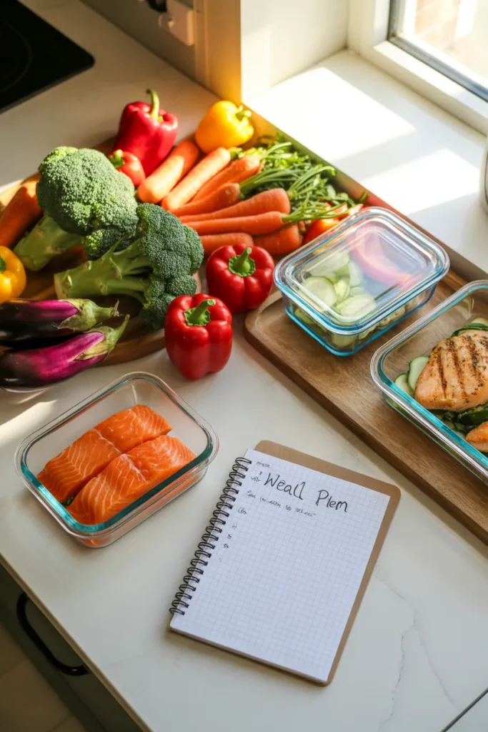 Sunday meal prep routine flat lay with fresh vegetables, proteins, glass containers, and a weekly meal plan on a clean kitchen counter