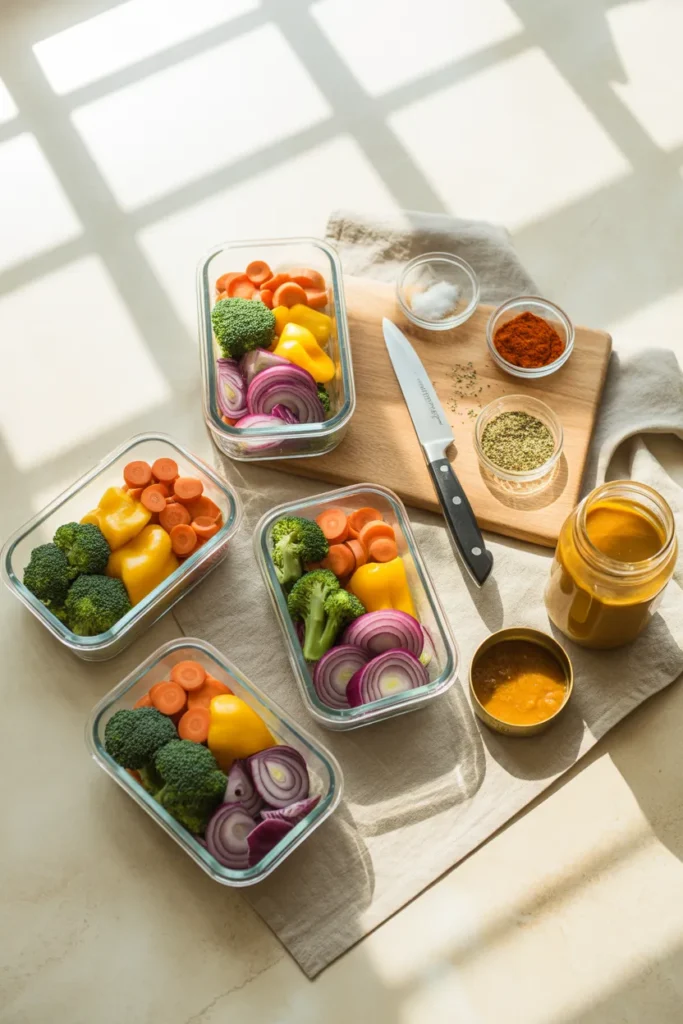 Sunday meal prep with chopped vegetables in glass containers for easy weeknight family dinners