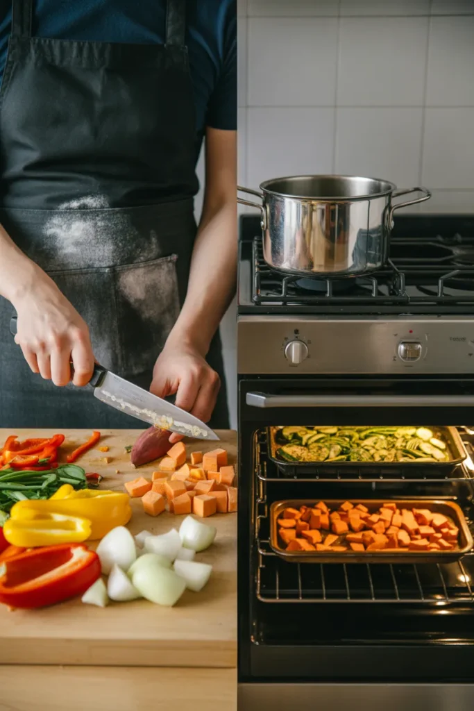 Sunday vegan meal prep routine chopping vegetables and roasting sheet pans in kitchen