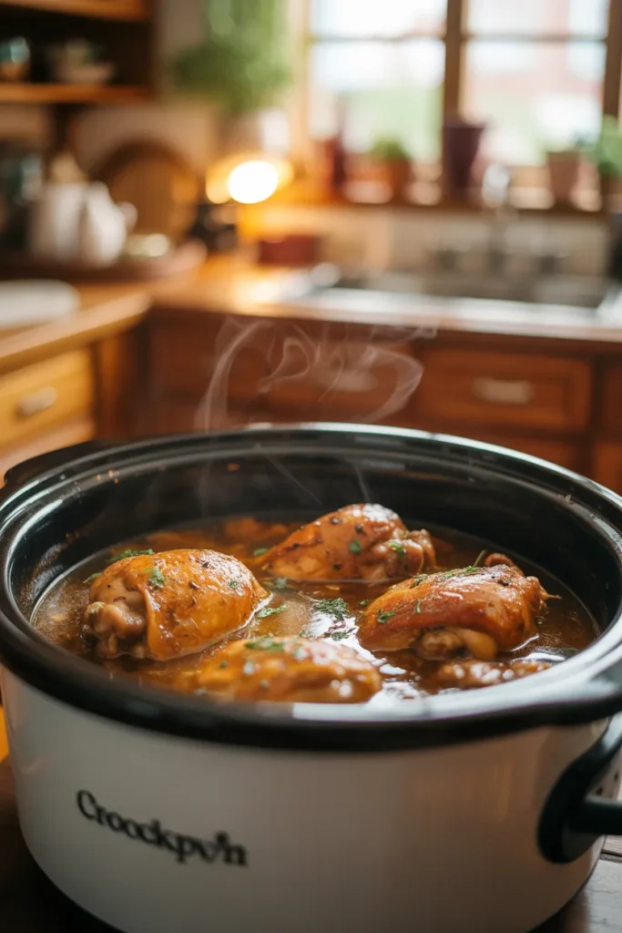 Tender slow cooker chicken thighs cooking in crockpot for juicy dump meal dinners.