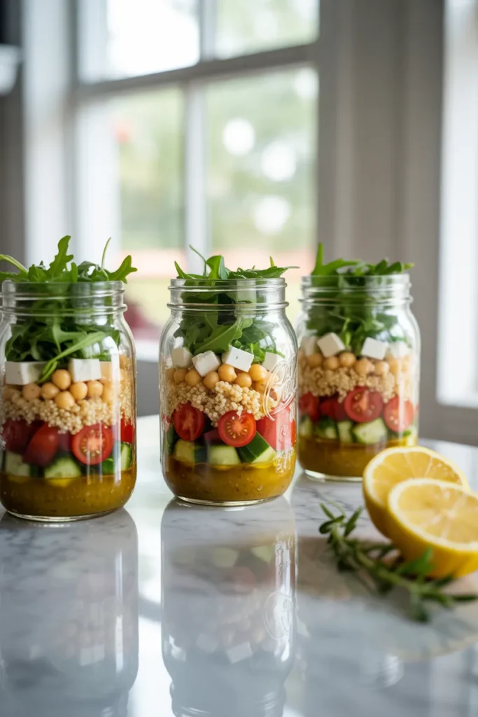 Three Mediterranean mason jar salads layered with dressing, vegetables, quinoa, chickpeas, feta, and greens for low calorie meal prep.