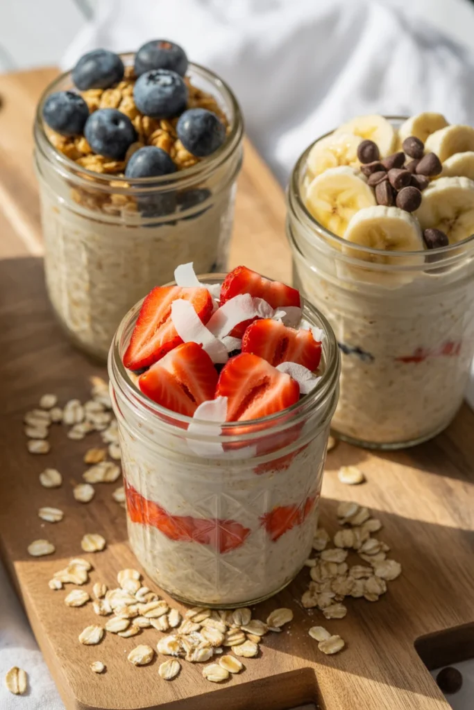 Three mason jars with different overnight oats flavors for weekly breakfast meal prep