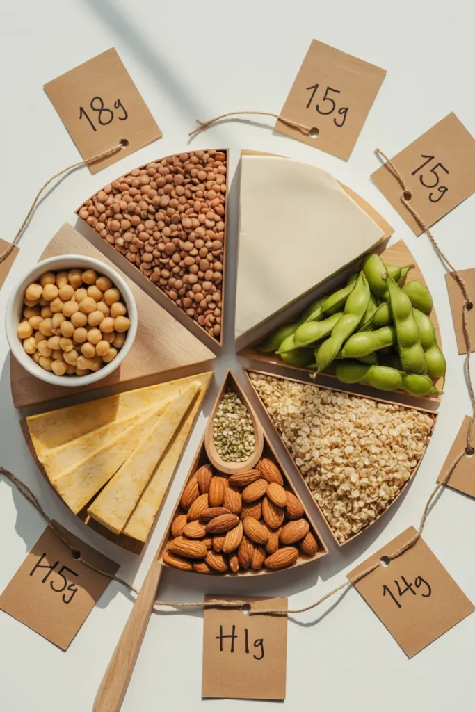 Top plant based protein sources chart with lentils tofu chickpeas edamame and tempeh