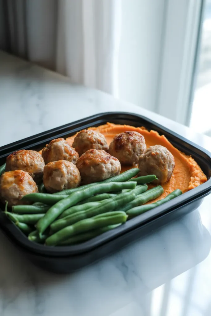 Turkey meatball high protein meal prep with sweet potato mash for muscle building and recovery