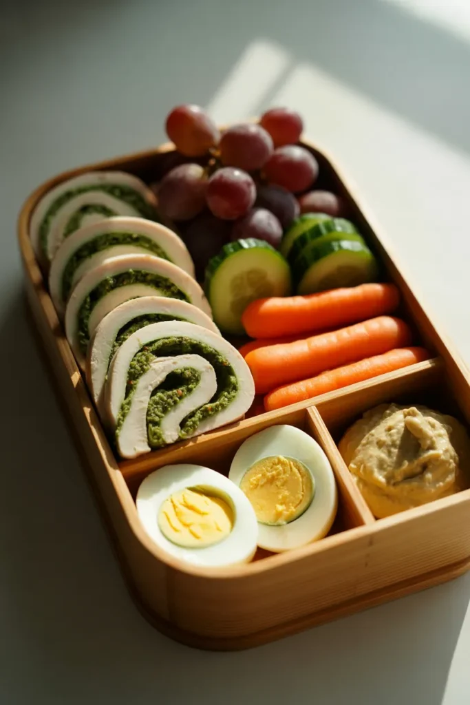 Turkey pesto pinwheel bento lunch meal prep for work with veggies and hummus
