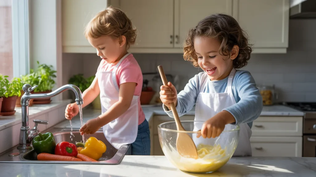 Two children helping a parent with weekly meal prep, washing vegetables and stirring ingredients in a bright kitchen
