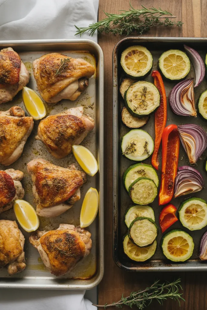 Two sheet pans of roasted lemon chicken and Mediterranean vegetables fresh out of the oven for Sunday meal prep.