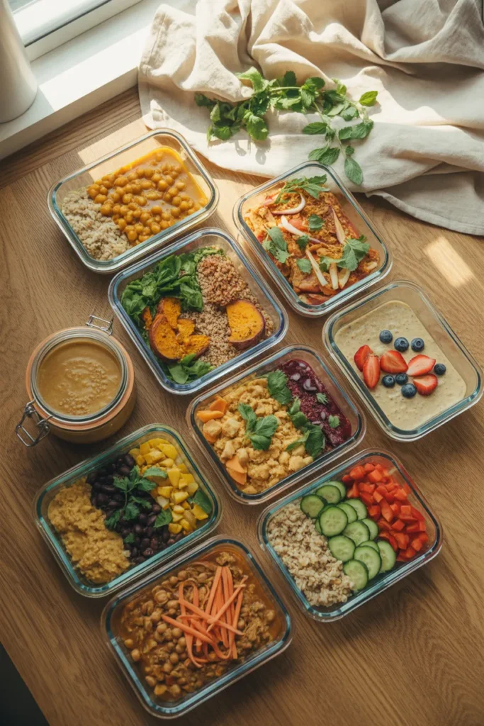 Vegan meal prep containers with 8 colorful plant based recipes on a wooden countertop