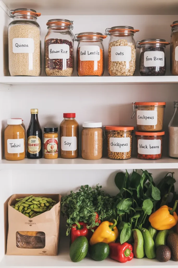 Vegan meal prep pantry staples organized in glass jars including quinoa lentils and chickpeas