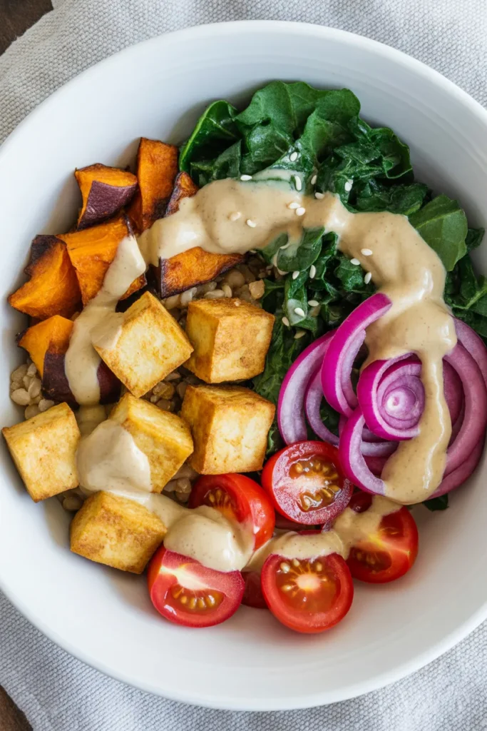 Vegan tofu power grain bowl healthy lunch meal prep for work
