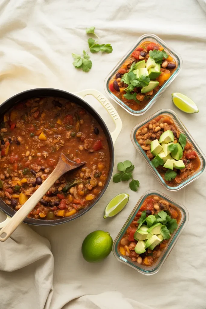 Veggie-loaded turkey chili in a Dutch oven beside three glass meal prep containers for freezer-friendly low calorie meals.