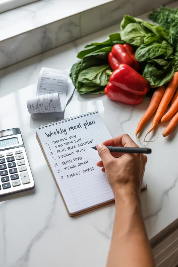 Weekly budget meal prep planning with grocery list and calculator to save money