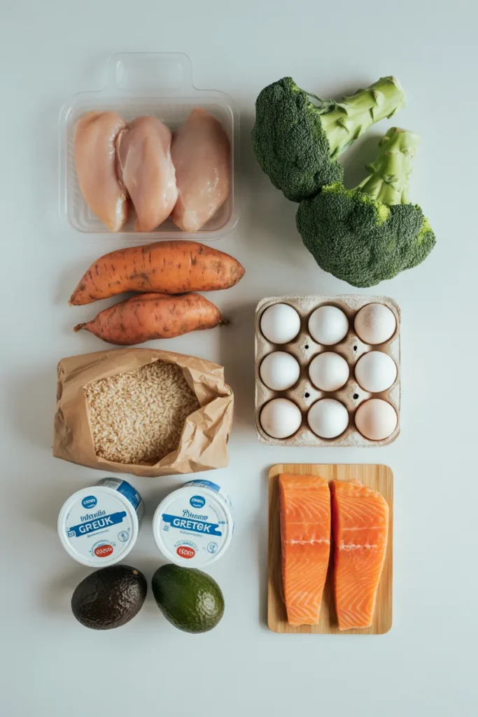 Weekly high protein meal prep grocery list haul with chicken sweet potatoes eggs and salmon for muscle gain