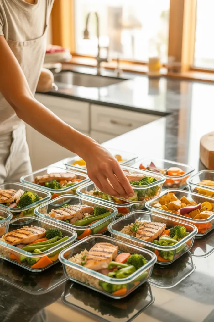 Weekly high protein meal prep session for muscle building with organized glass containers in kitchen