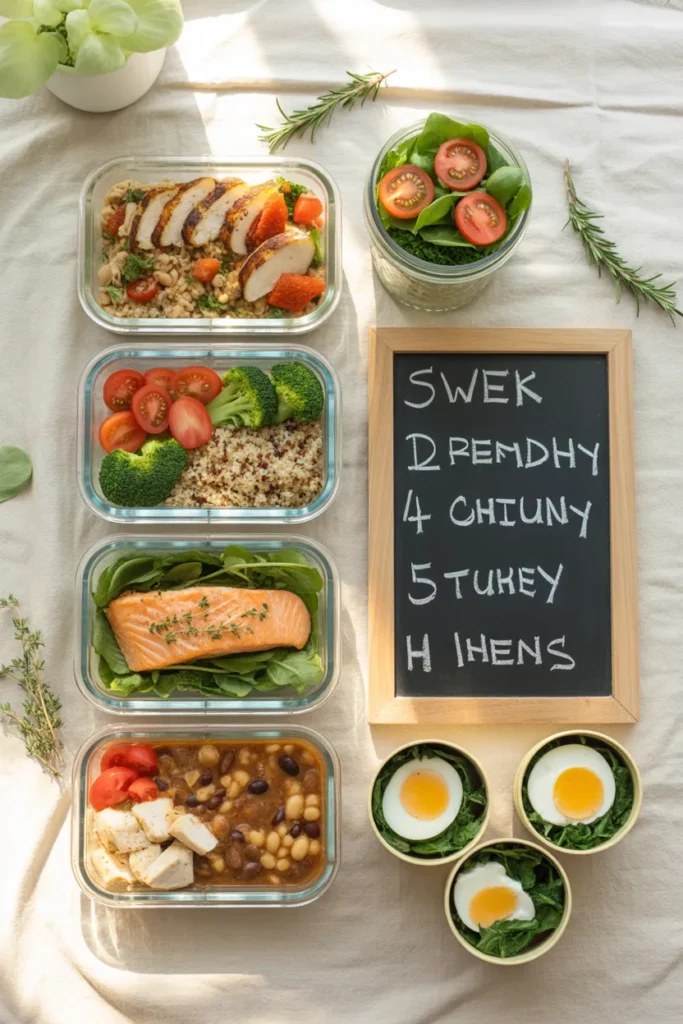 Weekly low calorie meal prep spread with five glass containers labeled by day, including chicken bowls, salmon, salad, chili, and egg cups.