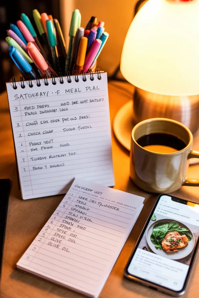 Weekly meal plan and grocery list for Sunday meal prep routine written on a notepad with coffee and recipe on phone