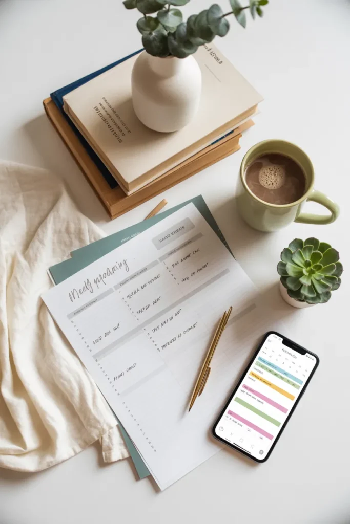  Weekly meal planning session with free printable template, recipe books, and coffee