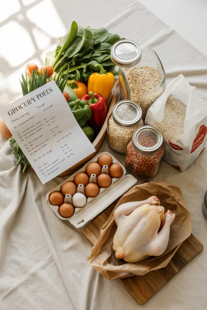 Weekly meal prep grocery haul with a printable list and checked-off items.